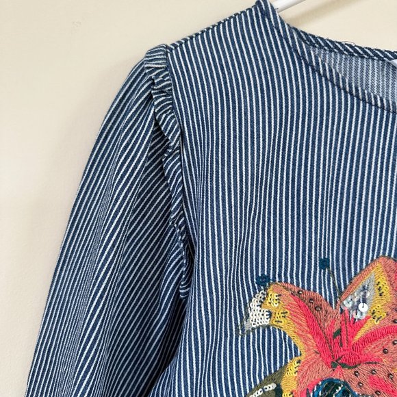 Zara Floral Embroidered Denim Striped Balloon Puff Sleeve Top SMALL - Picture 6 of 12